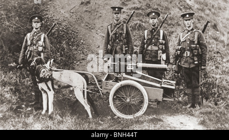 Britische Armeesoldaten mit Hunden, um eine Maschinengewehr im ersten Weltkrieg zu ziehen. Stockfoto