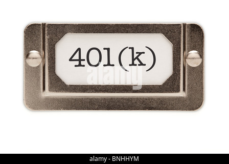 401 (k) Datei Schublade Label isoliert auf einem weißen Hintergrund. Stockfoto