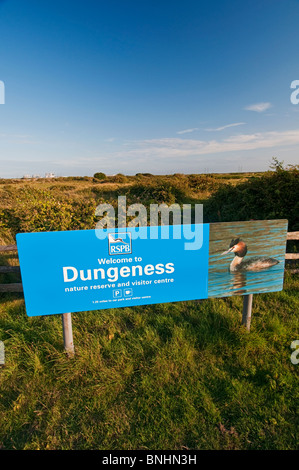 Reserve Eingang Zeichen, Dungeness RSPB Reserve, Kent, England Stockfoto