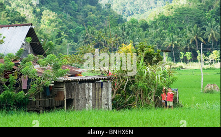 Zwei kleine Jungs vor ihrem kleinen traditionellen Haus, gelegen in einem Reisfeld, Bohol, Philippinen Stockfoto