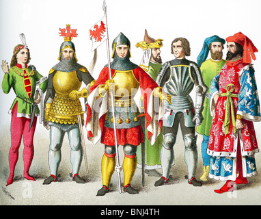 Die Zahlen stehen für deutschen von 1400-1450 n. Chr.. Sie sind: zwei Ritter, Edelmann, Ritter, Edelmann, zwei Adligen. Stockfoto