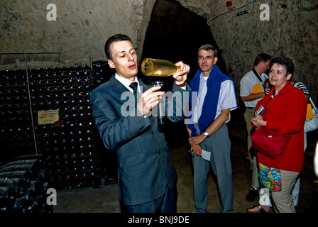 Reims, Frankreich, Champagne Company, 'Veuve Clicquot Ponsardin' Gruppe von Touristen, die das Champagne Processing Center, den Keller besuchen, den Reiseleiter führende Gruppen hören, Wein Höhlentourismus, frankreich reims Champagnerflasche Stockfoto