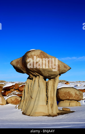 Bisti Badlands Monolith Sandstein Winterlandschaft Landschaft malerische Schnee Bisti Wilderness New Mexico USA Nordamerika Canyon Stockfoto