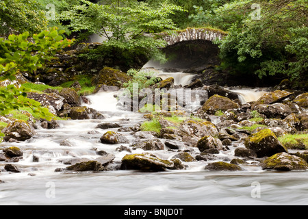 Steinbrücke über den schnell fließenden Fluss Stockfoto