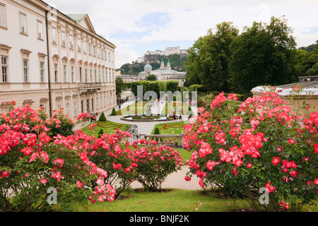 Blick auf das Schloss Mirabell Rosengärten Schloss Festung Hohensalzburg. Salzburg, Österreich, Europa. Stockfoto