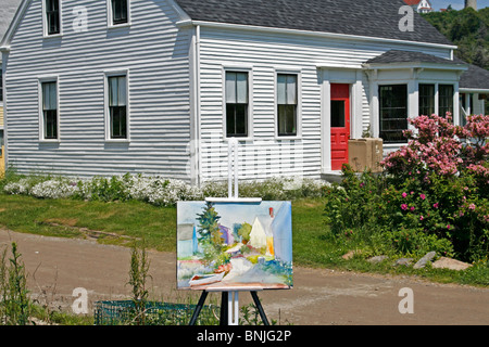 Maine Küste Monhegan Island Künstlerkolonie New England USA remote Offshore-Klasse Malerei Aquarell Staffelei Kunst Stockfoto