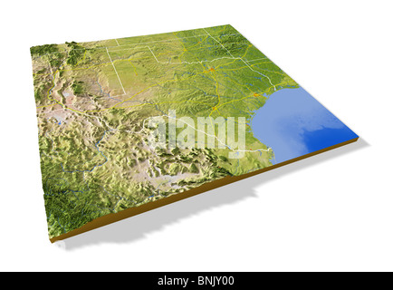 Texas, 3D Reliefkarte mit städtischen Gebieten, Autobahnen und Grenzen. Stockfoto