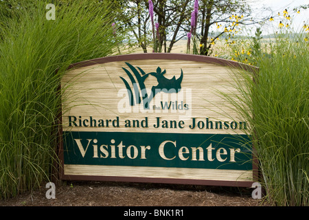 Zeichen in der Wildnis, Cumberland, Ohio, USA. Richard und Jane Johnson Visitor Center. Stockfoto