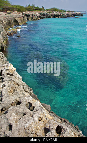 Zerklüftete Felsenküste von Aruba mit dem tiefen Blau / Grün kristallklares Wasser Stockfoto