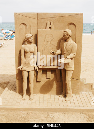 Sand Skulptur am Strand in Kanarische Inseln Stockfoto