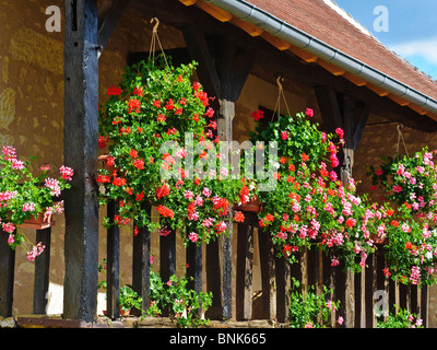 Hängende Körbe und Pflanzer auf Holzbalkon renoviertes Steinhaus - Frankreich. Stockfoto