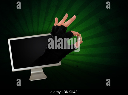 Hand im Handschuh ist aus dem Computer-Monitor zu nehmen Ihr Geld weg, abstraktes Bild erreichen. Stockfoto