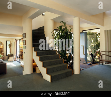 Säulen auf beiden Seiten offene Treppe in große offene Halle mit grauen Teppich und große Zimmerpflanzen Stockfoto