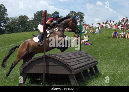 Pferd und Reiter im Cross Country Bereich des Stuart Horse Trials 2010 in Victor NY USA zu konkurrieren. Stockfoto