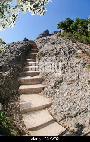 Treppen geschnitzt in Agglomerat Fels Wanderweg im Landschaftsbild des Montserrat Berg, Katalonien, Spanien Stockfoto