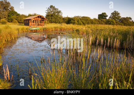 Großer Teich und Gartenhaus auf dem Lande, Wiltshire, England Stockfoto