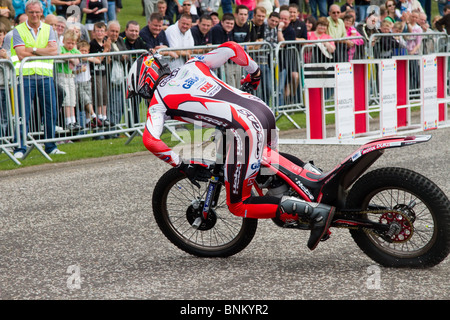 Steve Colley Motorrad Stunt Rider bei Arbroath Meer spektakuläre, Schottland, Großbritannien Stockfoto