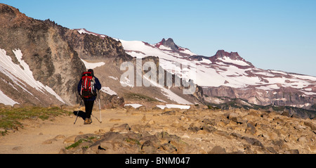 Ein Wanderer, die Sunrise Seite der Washington State Mount Rainier an einem klaren Tag Wandern Stockfoto