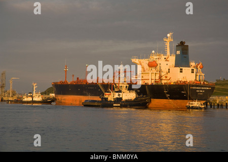 Schlepper drücken Öltanker auf Steg, Texaco oil Raffinerie, Milford Haven, Pembrokeshire, Wales, UK, Europa Stockfoto