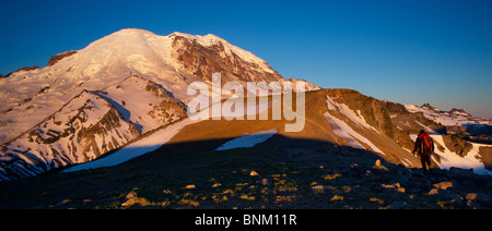 Ein Wanderer mit Blick auf der Sunrise Seite der Washington State Mount Rainier an einem klaren Tag Stockfoto