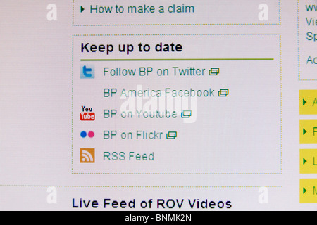 Einen Screenshot des Feldes Twitter, Youtube, Facebook & Flickr nach der BP-Website für den Golf von Mexiko Öl-Katastrophe im Juli 2010 Stockfoto