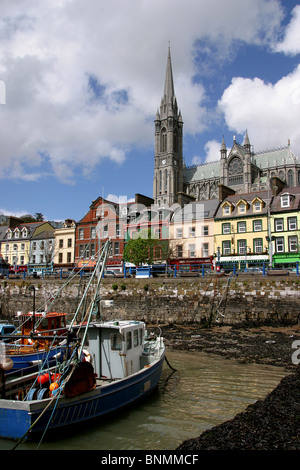 Irland, Co. Cork, Cobh, Strandpromenade Angelboote/Fischerboote in Hold Hafen unterhalb St Colmans Kathedrale Stockfoto