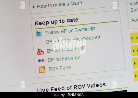 Einen Screenshot des Feldes Twitter, Youtube, Facebook & Flickr nach der BP-Website für den Golf von Mexiko Öl-Katastrophe im Juli 2010 Stockfoto