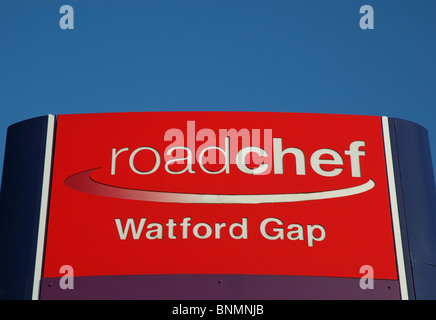 Watford Gap Dienstleistungen anmelden, Watford Gap, M1 Autobahn, Northamptonshire, England, UK Stockfoto