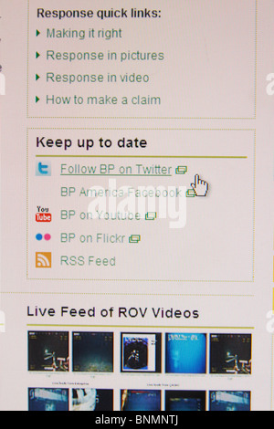 Einen Screenshot des Feldes Twitter, Youtube, Facebook & Flickr nach der BP-Website für den Golf von Mexiko Öl-Katastrophe im Juli 2010 Stockfoto