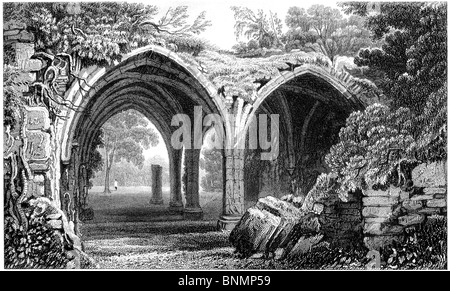 Gravur: Reste von den Kreuzgang der Abtei von Margam, Glamorganshire, Wales. Stockfoto