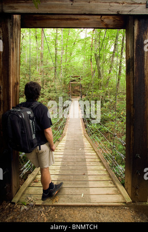 Wanderer auf Hängebrücke - Andy Cove Trail - Pisgah National Forest, in der Nähe von Brevard, North Carolina, USA Stockfoto