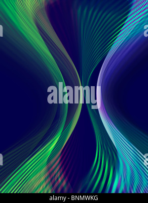 Abstrakte Bands der mehrfarbigen hellen Linien fließen auf dunkelblauem Hintergrund Stockfoto