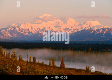 Mt. Mckinley spiegelt sich in kleinen See bei Sonnenaufgang in breiten Pass, Alaska Range, Denali-Nationalpark, Alaska Stockfoto