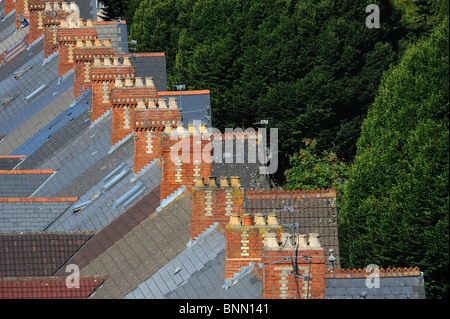 Eine Reihe von Kaminen auf den Dächern von terrassenförmig angelegten Wohnungen in Cardiff. Stockfoto