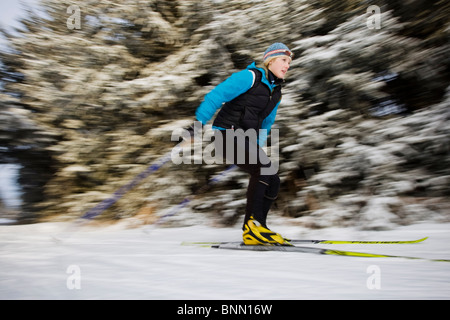 Frau Nordic Ski auf den Baycrest-Loipen im Winter in der Nähe von Homer, Halbinsel Kenai, Alaska Stockfoto