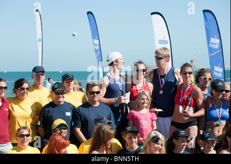 British Open Bein Volleyball England Beach Tour 2010 statt auf Sandbänken, Poole. Stockfoto