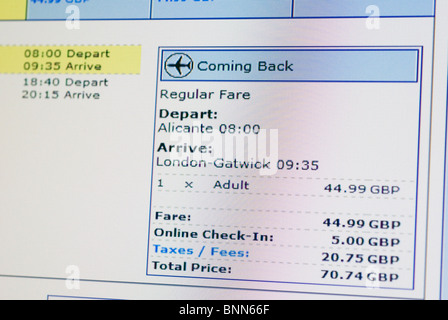 Online-Flugzeug Ticket Tarif Stockfoto