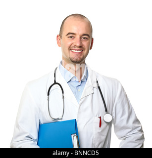 Kaukasische junge lächelnde Arzt Porträt auf weiß Stockfoto