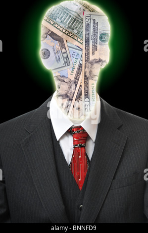 Kopf Silhouette Abbildung mit Bargeld in seinem Kopf. Er trägt einen schwarzen Anzug mit roter Krawatte. Stockfoto