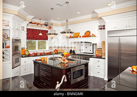 Schöne individuelle Küche Interieur mit Herbst Dekorationen in einem neuen Haus. Stockfoto