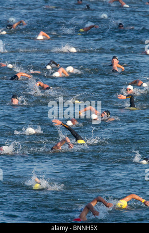 Konkurrenten im Hinspiel einen Triathlon schwimmen in Lady Bird Lake in der Innenstadt von Austin, Texas. Stockfoto