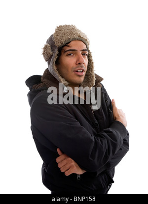 Mann trägt Flieger Typ Wollmütze und Winterjacke Stockfoto