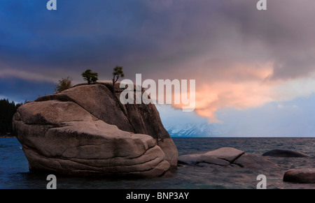 Gewitterwolke beleuchtet durch die untergehende Sonne über Bonsai Rock, Lake Tahoe, Nevada, USA. Stockfoto