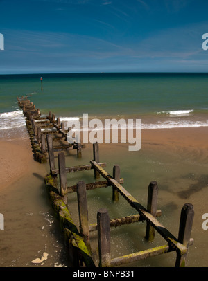 Holz-Buhnen am Overstrand in der Nähe von Cromer in North Norfolk East Anglia England Vereinigtes Königreich Stockfoto