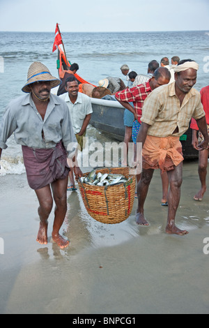 Rückkehr aus dem Meer mit ihrer täglichen Fischer fangen von Fischen in einem Weidenkorb im Fischerdorf Fort Kochi Indien Stockfoto