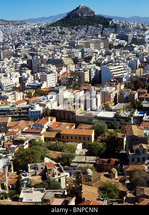 Blick von der Akropolis mit Blick auf die Stadt von Athen in Richtung Mount Lycabettus Stockfoto