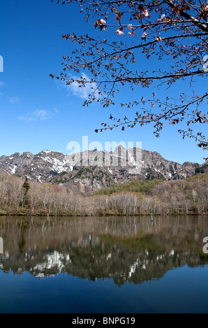 Kagami Ike (Mirror Lake) im Frühjahr mit Togakushi Berg natürlich umrahmt von traditionellen japanischen Sakura. Stockfoto