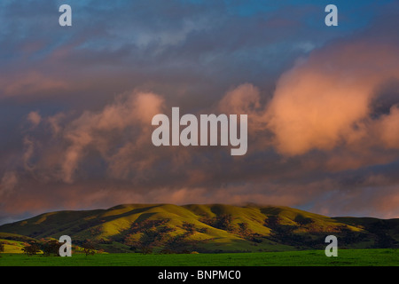 Ein Clearing Spätwinter Sturm und Sonnenuntergang beleuchtet Gewitterwolken über ländlichen Hügeln, San Benito County, Kalifornien, USA. Stockfoto