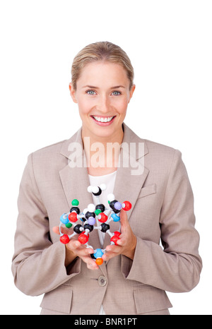 Lächelnd hält ein Molekül Geschäftsfrau Stockfoto