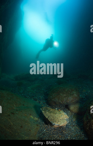 Taucher im Inneren der Höhle, Cap de Creus, Costa Brava, Spanien Stockfoto